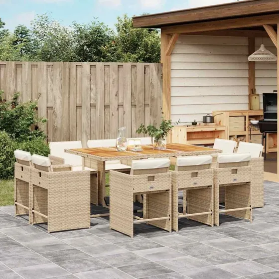 vidaXL 11-del spisebordssæt med hynder, polyrattan beige