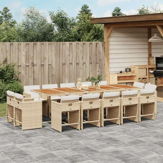 vidaXL 15-deligt spisebordssæt med hynder, polyrattan beige