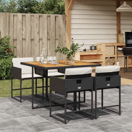 vidaXL 5-deligt spisebordssæt med hynder, polyrattan sort