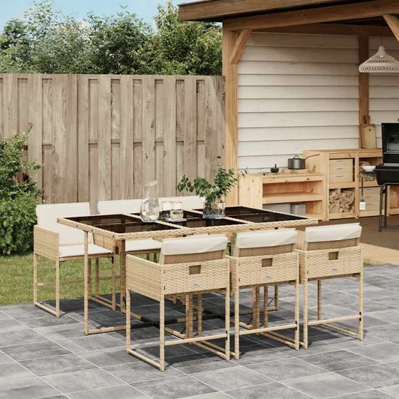 vidaXL 7-deligt spisebordssæt med hynder i polyrattan, beige