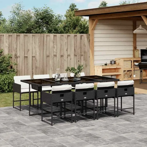 vidaXL 9-delers spisebordssæt med hynder i polyrattan, sort