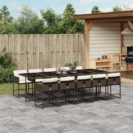 vidaXL 11-delers spisebordssæt med hynder i polyrattan brun