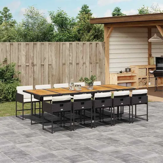 vidaXL 11-deligt spisebordssæt med hynder i polyrattan, sort