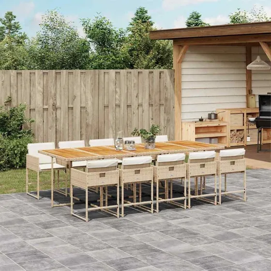 vidaXL 11-deligt spisebordssæt med hynder, polyrattan beige