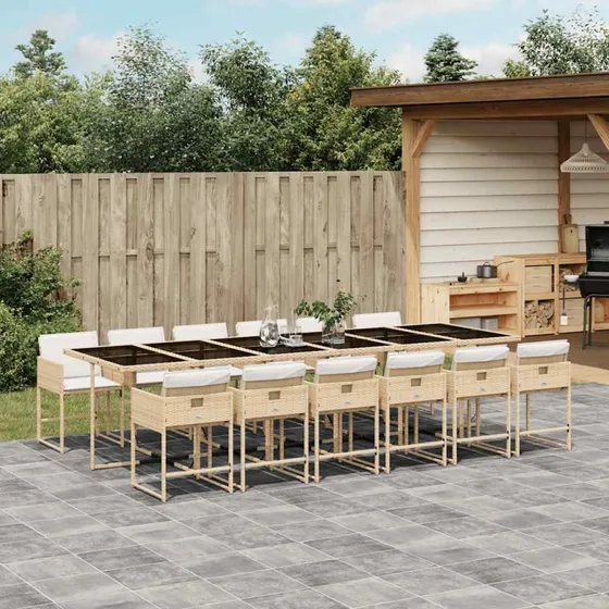 vidaXL 13-deligt spisebordssæt med hynder i polyrattan beige