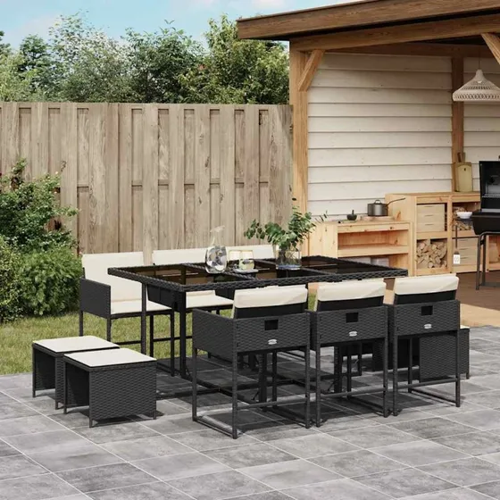 vidaXL 11-del spisebordssæt med hynder, polyrattan sort