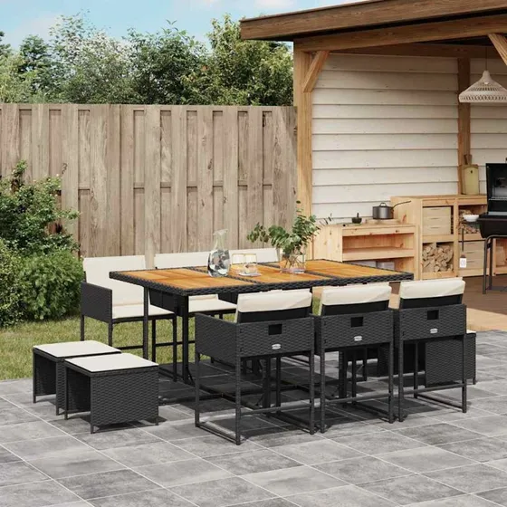 vidaXL 11-deligt spisebordssæt med hynder i polyrattan sort