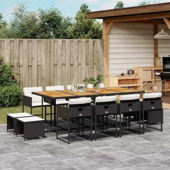 vidaXL 13-delers spisebordssæt med hynder, polyrattan sort