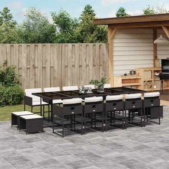 vidaXL 15-deligt spisebordssæt med hynder i sort polyrattan