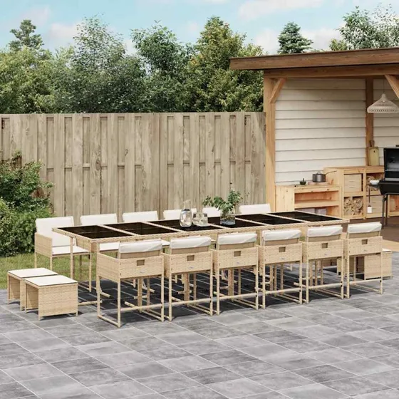 vidaXL 17-del spisebordssæt med hynder, polyrattan beige