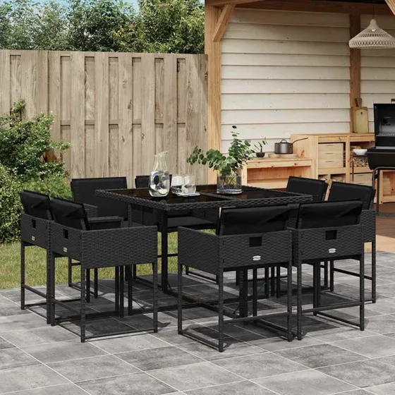 vidaXL 9-delssæt polyrattan sort med hynder
