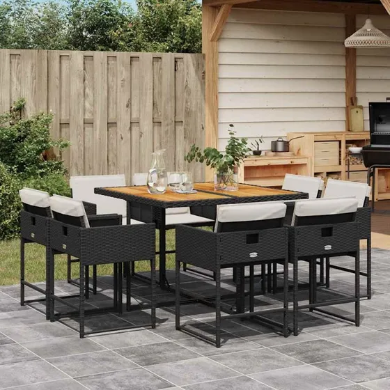 vidaXL 9-delers spisebordssæt med hynder, polyrattan sort