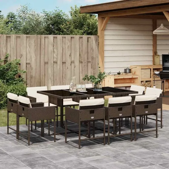 vidaXL 11-deligt spisebordssæt med hynder, polyrattan brun