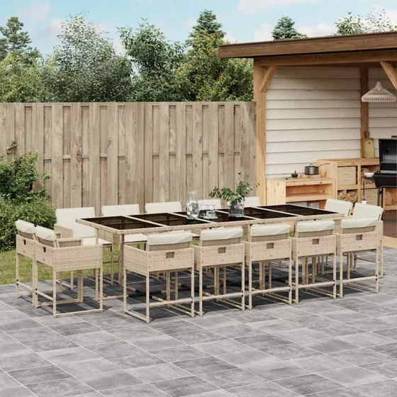 vidaXL 15-deligt spisebordssæt med hynder, polyrattan beige
