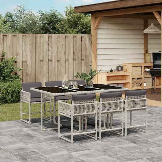 vidaXL 7-delssæt polyrattan lysegrå med foldbare stole