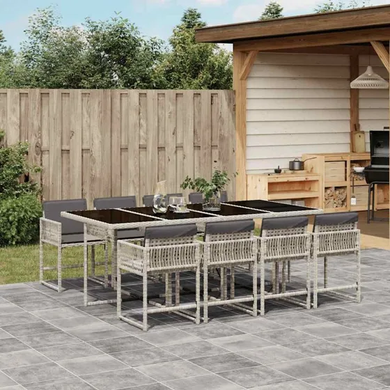 vidaXL 9-deligt spisebordssæt med hynder, polyrattan lysegrå