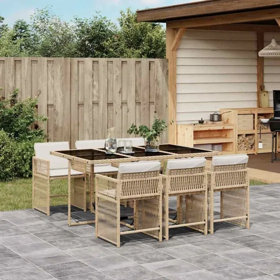 vidaXL 7-deligt spisebordssæt med hynder, polyrattan beige