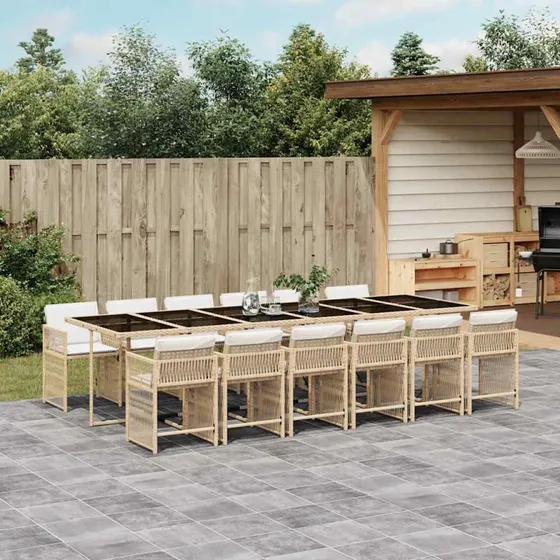 vidaXL 13-deligt spisebordssæt med hynder, polyrattan beige