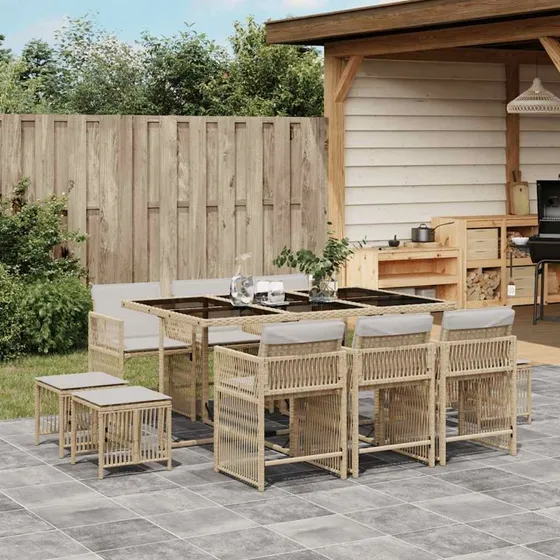 vidaXL 11-del spisebordssæt med hynder, polyrattan beige