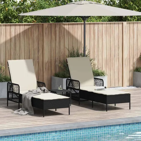 vidaXL Solstol 3 stk Sort/Cremehvid 55 x 200 x 92 cm polyrattan