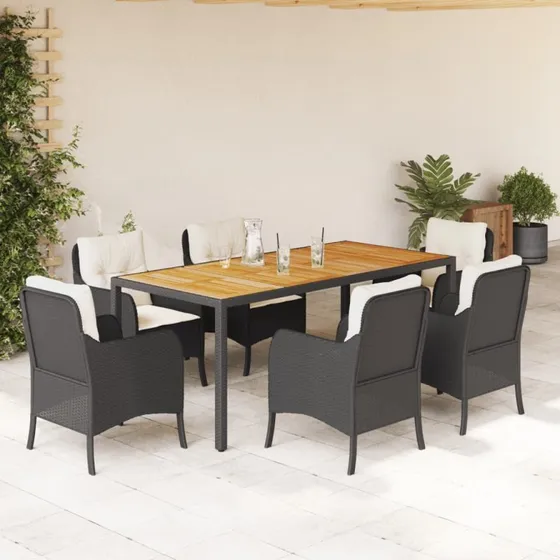 vidaXL 7-delers spisebordssæt med hynder i polyrattan, sort