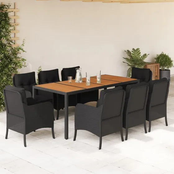 vidaXL 9-deligt spisebordssæt med hynder i polyrattan, sort, 190 cm