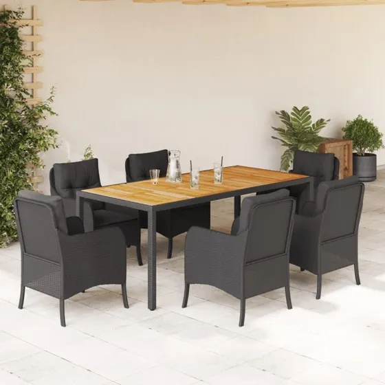 vidaXL 7-delssæt med polyrattan hynder, sort, 190 cm