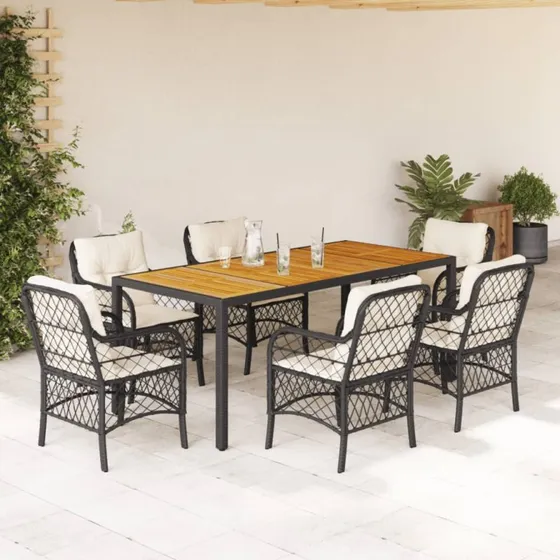 vidaXL 7-delssæt polyrattan sort med hynder