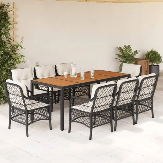 vidaXL 9-deligt spisebordssæt med hynder i polyrattan, sort