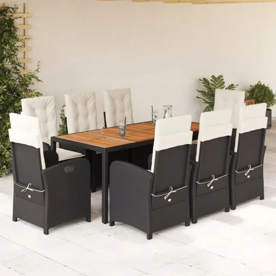vidaXL 9-delers spisebordssæt med hynder, polyrattan sort