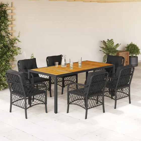 vidaXL 7-delssæt med hynder, polyrattan sort, 190 cm bord