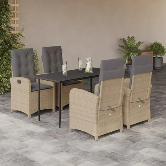 vidaXL 5-deles spisebordssæt med hynder i polyrattan beige