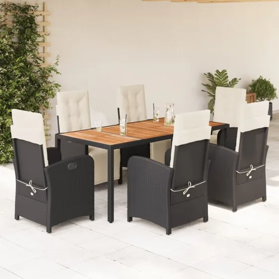 vidaXL 7-delssæt polyrattan sort med justerbart ryglæn