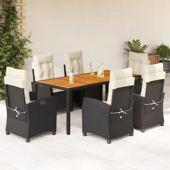 vidaXL 7-deligt spisebordssæt med hynder, polyrattan sort, 190 cm
