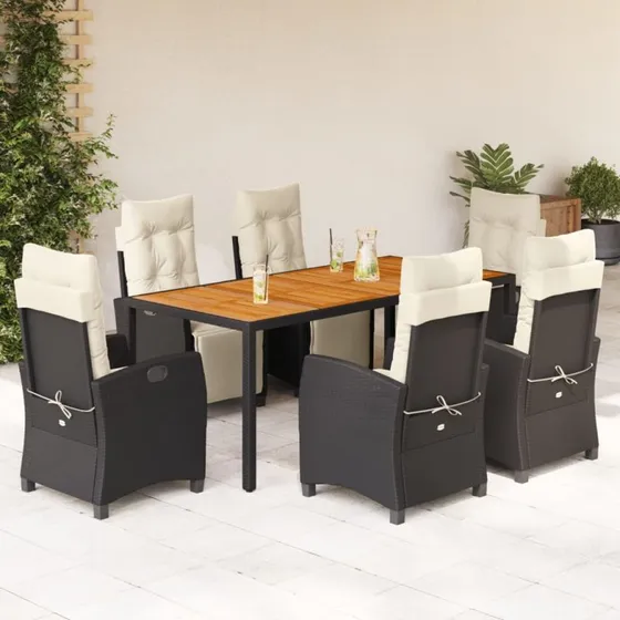 vidaXL 7-delssæt med hynder, polyrattan sort, 190 cm bordlængde