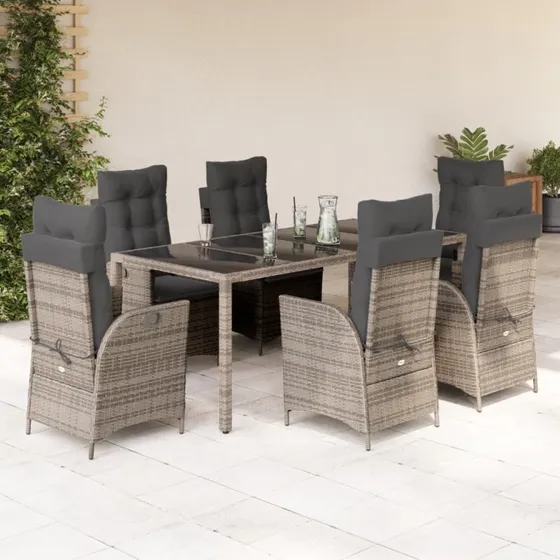 vidaXL 7-deligt havemøbelsæt med polyrattan, grå, 190x90x75 cm