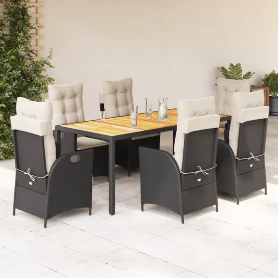 vidaXL 7-delssæt med polyrattan, sort, med hynder