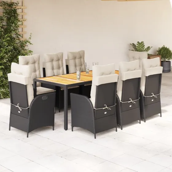 vidaXL 9-delssæt polyrattan sort med hynder