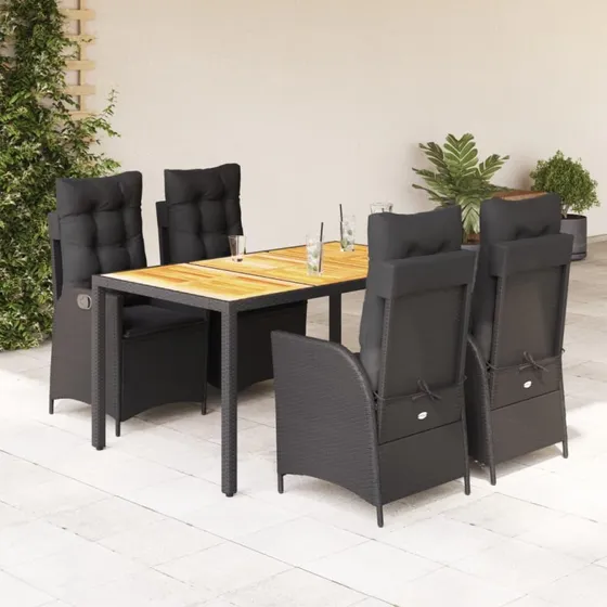 vidaXL 5-delssæt polyrattan sort med justerbart ryglæn