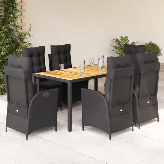 vidaXL 7-delssæt polyrattan sort med hynder