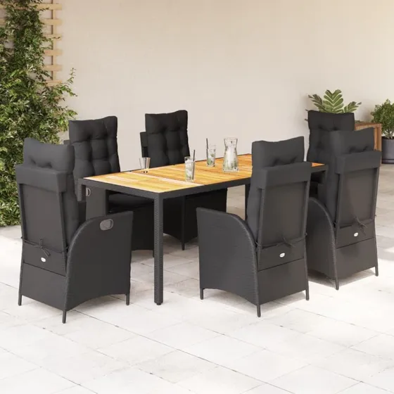 vidaXL 7-delssæt polyrattan sort med justerbart ryglæn