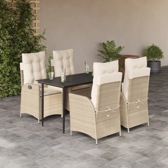 vidaXL 5-deligt spisebordssæt med hynder i polyrattan, beige, 140 x 70 x 74 cm