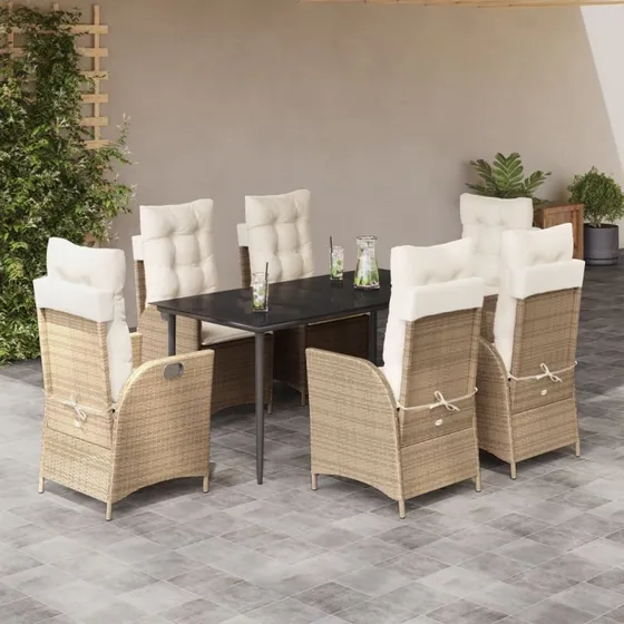 BambooHome Spisebordssæt 5 Dele Polyrattan Beige med Fodskammel 200x100x74 cm