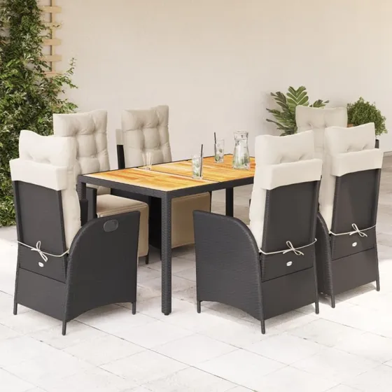 vidaXL 7-delers spisebordssæt med hynder i polyrattan sort