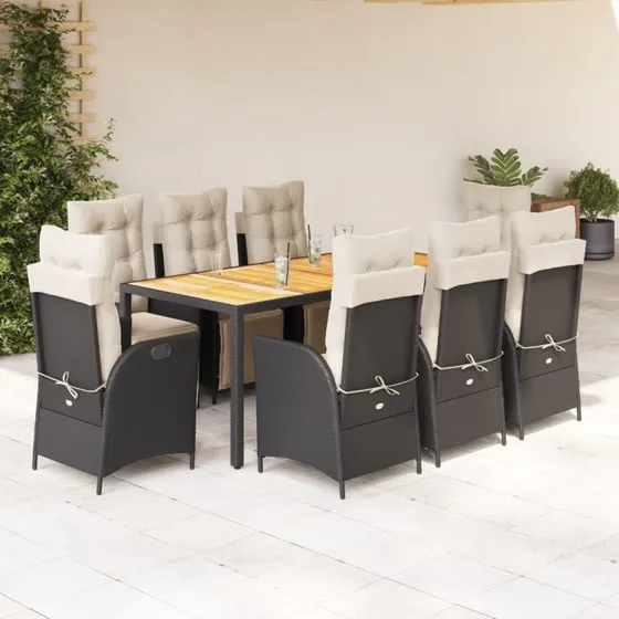 vidaXL 9-delers spisebordssæt med hynder i polyrattan sort