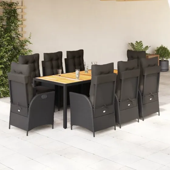 vidaXL 9-delers spisebordssæt med polyrattan, sort, 190 cm