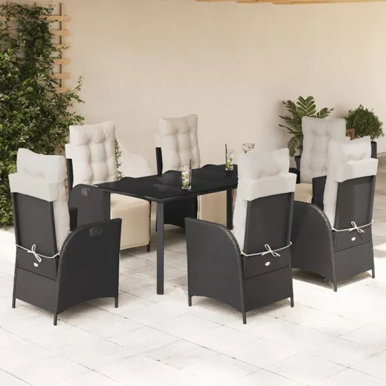 Trendy Outdoor Spisebordssæt 5 dele, sort polyrattan, 200 cm, med hynder