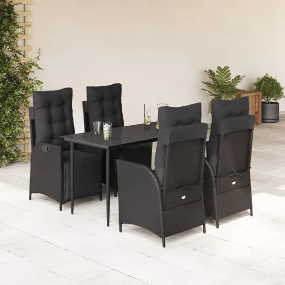 vidaXL 5-deligt spisebordssæt med hynder, sort polyrattan, 140 cm