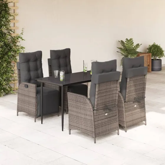 vidaXL 5-delssæt med polyrattan grå, 140 cm bord, justerbart ryglæn