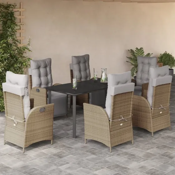 Bamboo Home Beige 7-delssæt med Polyrattan, 200 cm